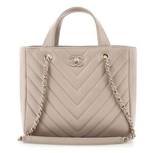 CHANEL Taupe CC Lambskin Chevron Quilted Leather Chain Statement Shopper Tote